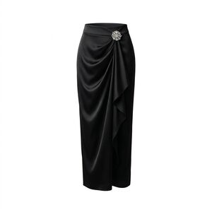 Stunning Black Satin Draped Maxi Skirt with Sparkling Rhinestone Brooch